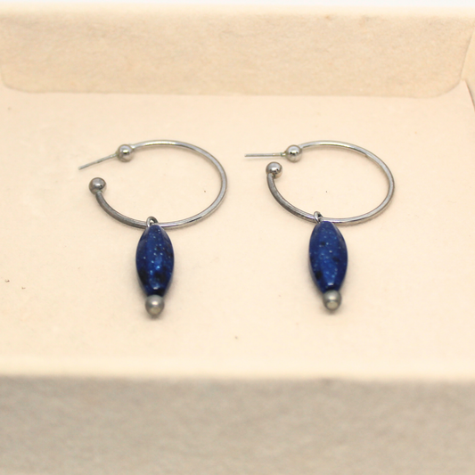 Silver Blue Bead Hoop Earrings