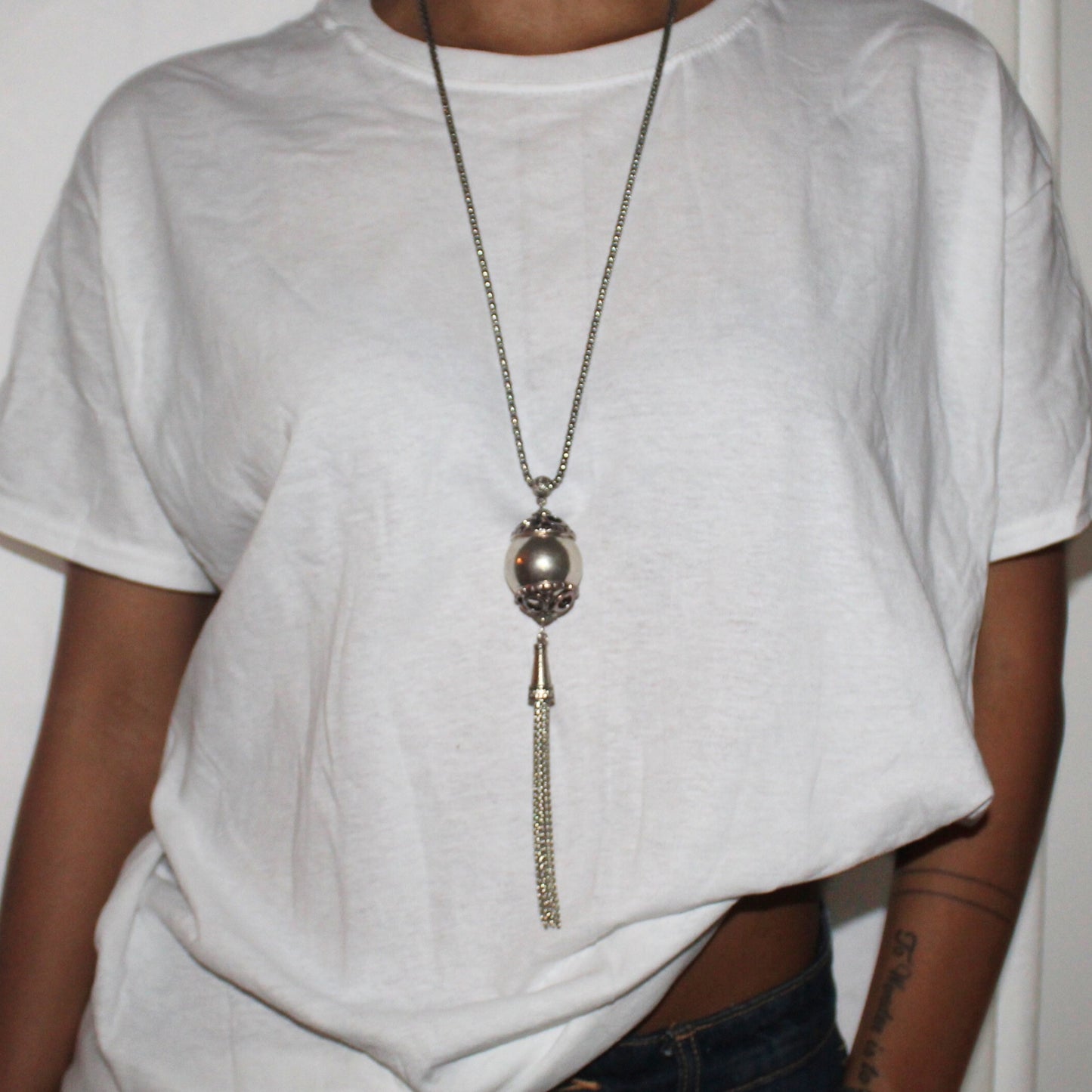 Silver Ball and Tassel Pendant Necklace