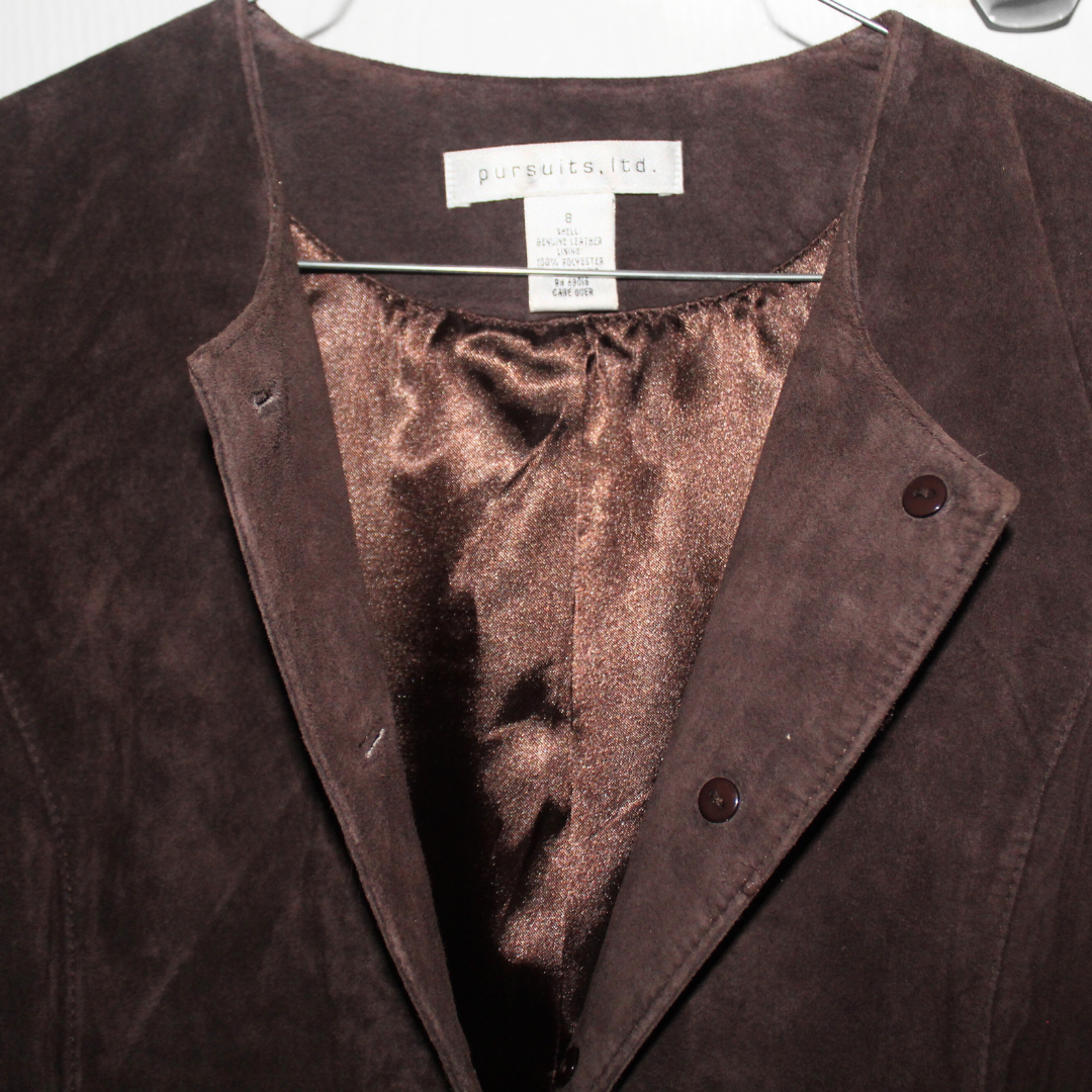Collarless Chocolate Suede Jacket