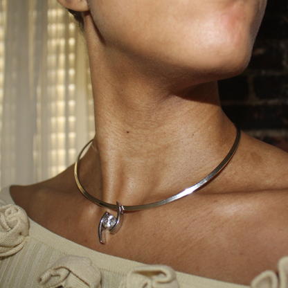 Silver Bar CZ Pendant Choker Necklace