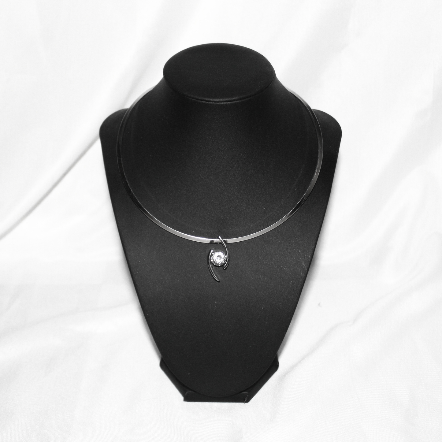 Silver Bar CZ Pendant Choker Necklace