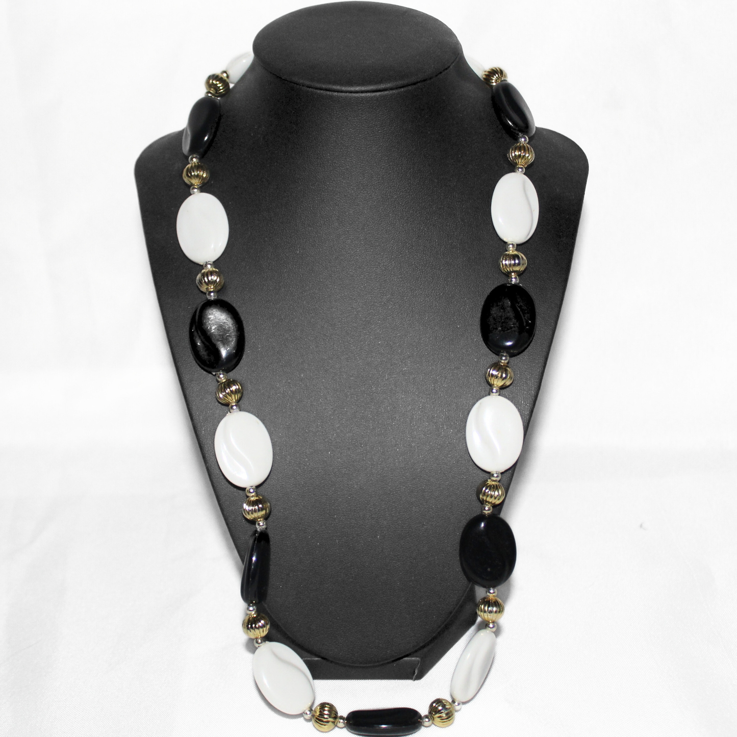 Black and White Beaded Gold Accent Necklace