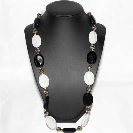 Black and White Beaded Gold Accent Necklace