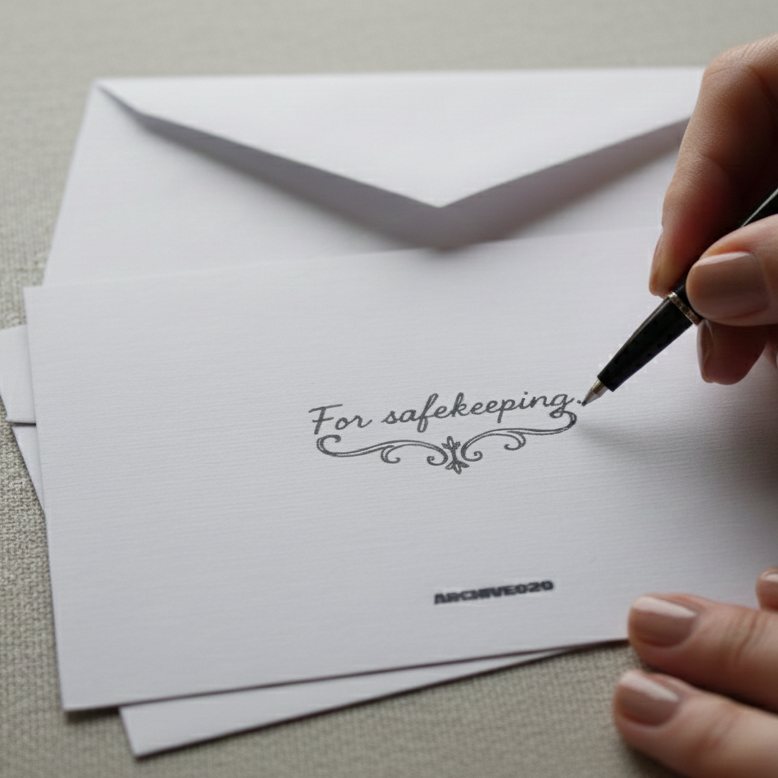 Hand writing on a card with 'For safekeeping' text, next to an envelope.