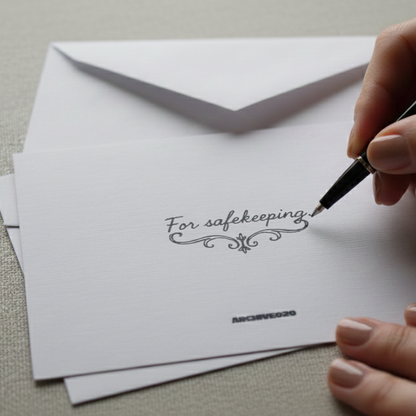 Hand writing on a card with 'For safekeeping' text, next to an envelope.